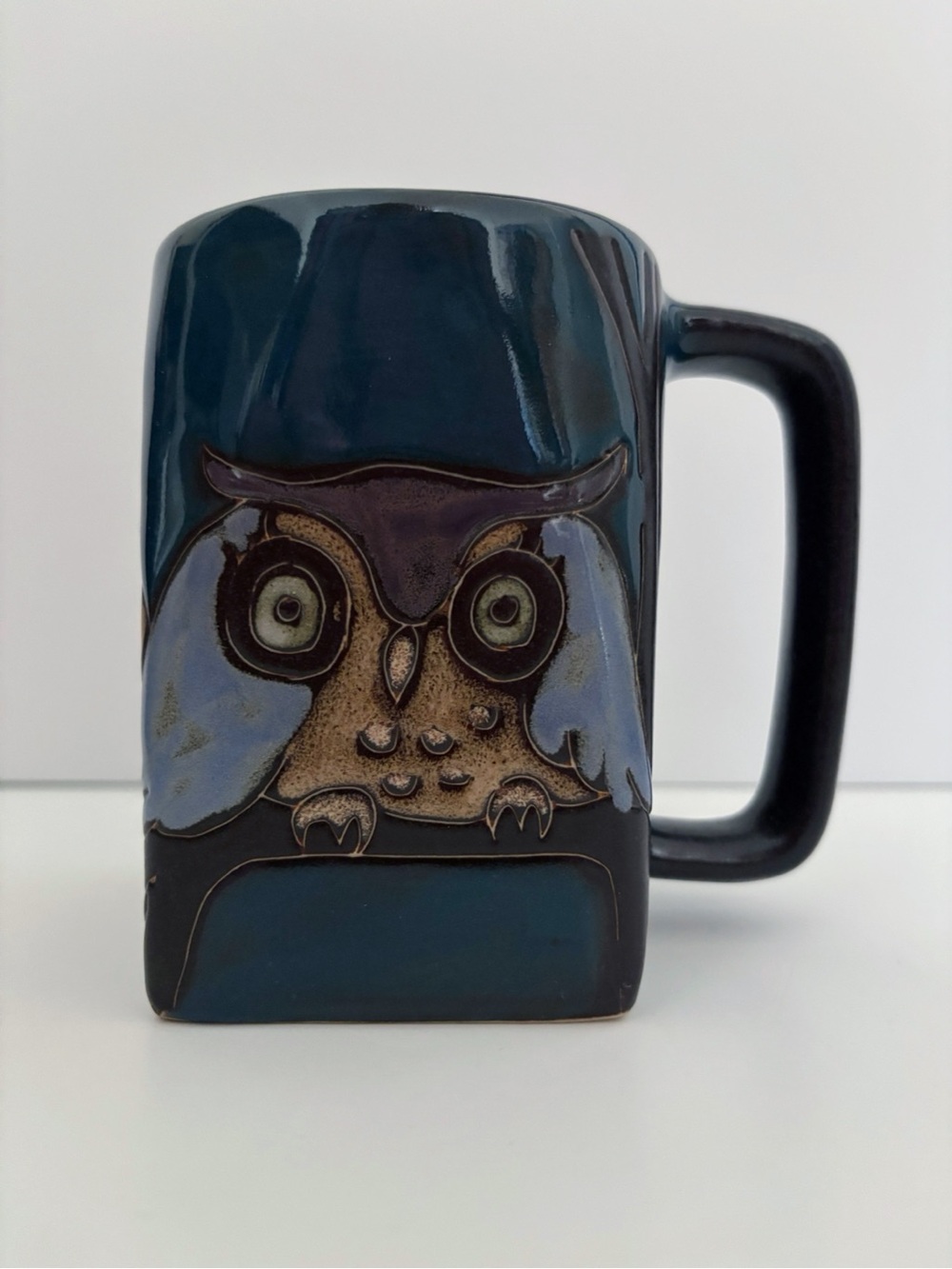 MARA Stoneware Owl 12 oz Square Coffee Tea Mug Hand Etched